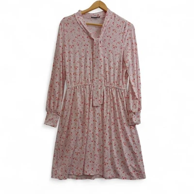 Adrianna Papell Dress Size Medium White/Pink Women's Floral Tie Detail Preloved - Image 1 of 4