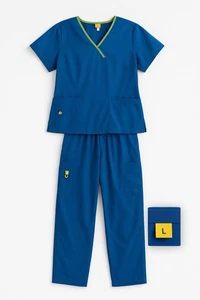 WonderWink Royal Blue Scrub Set Size L Green Trim V-Neck Top & Cargo Pants - Picture 1 of 6