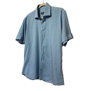 Jared Lang Stripe Short Sleeve Button Down Shirt Blue Men's Size L Retail: $149 - Picture 1 of 10