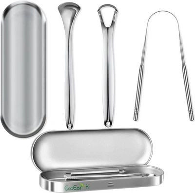 EcoEarth 3-Piece Stainless Steel Tongue Scraper Set with Travel Storage Case
