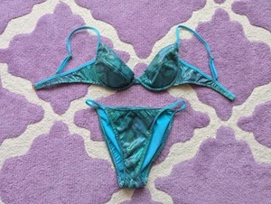 Vintage 90's Victoria's Secret Faux Snakeskin Aqua Blue Green Bikini Set 36C/M - Picture 1 of 13