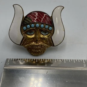 VIKING PIN ENAMEL VINTAGE FIGURAL BROOCH RARE RED GUILLOCHE BLUE & WHITE ENAMEL - Picture 1 of 5