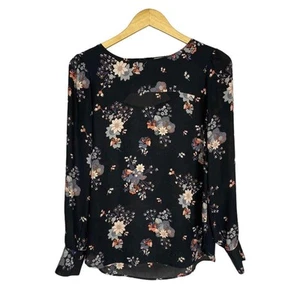 Loft schwarze Langarm-Bluse U-Boot-Ausschnitt Schlüsselloch hinten schwarz Blumenmuster Small - Bild 1 von 12