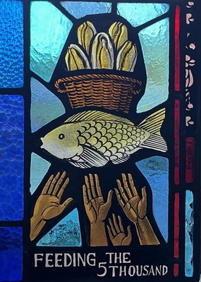 ANTIQUE CHURCH WINDOW "feeding 5,000" FIRED PAINTED GLASS early 1940s NYC - Image 1 of 4
