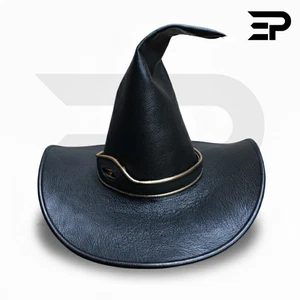 Sombrero de bruja de cuero negro con banda dorada Halloween gótico disfraz sombrero - Imagen 1 de 6