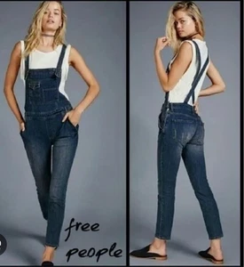 29 women Free People Overalls Slim Ankle Distressed Blue Denim Jean - Picture 1 of 21