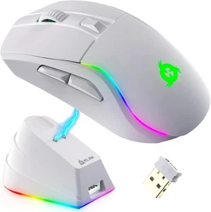 KLIM Blaze Y RGB Rechargeable Wireless & BT Gaming Mouse w/Charging Dock, White - Picture 1 of 6