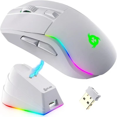 KLIM Blaze Y RGB Rechargeable Wireless & BT Gaming Mouse w/Charging Dock, White - Image 1 of 4