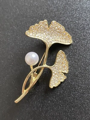 Broche broche perlas hojas de ginkgo cristal mujer accesorios regalo dorado NUEVO Foto 1 de 2