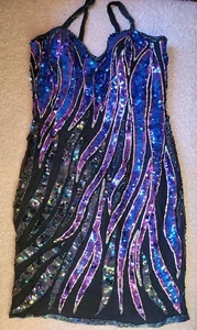 Vestido Alyce Designs Talla 14 Negro Púrpura Llama Lentejuelas Noche Cóctel De Colección Años 80 - Imagen 1 de 9