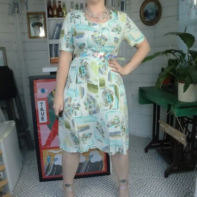 Vestido Vintage Retro Años 60 Verde Geométrico Abstracto Estampado Loco Midi Mod 12 Foto 1 de 4