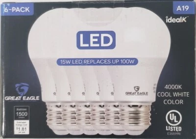 LED Light Bulbs Cool White 4000K 6-pack 100W Equivalent A19 1500 Lumens NEW - Image 1 of 4