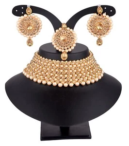 Gargantilla de boda india Bollywood enchapada en oro collar conjunto de joyas con pendientes - Imagen 1 de 5