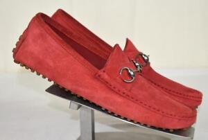 NEW GUCCI Red Suede Silver Tone Horsebit Moccasin LOAFERS DRIVING SHOES 7.5 US 8