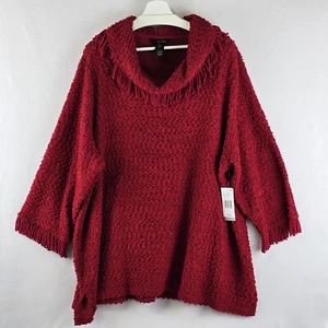 $79 Ali Miles Plus 3X Cowl Neck Sweater Fringe Yarn Knit Deep Red Boho Holiday - Picture 1 of 17