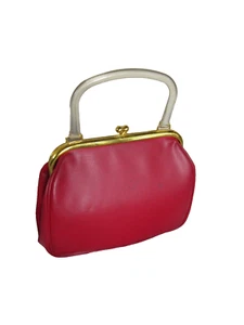 Vintage Red Frame Bag Kiss Closure Clear Lucite Top Handle Faux Leather - Picture 1 of 9