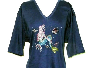 Plus 2X Pink Strand Hair Embellished Rhinestone Shiny Stud Mermaid Sea Life Top - Picture 1 of 6