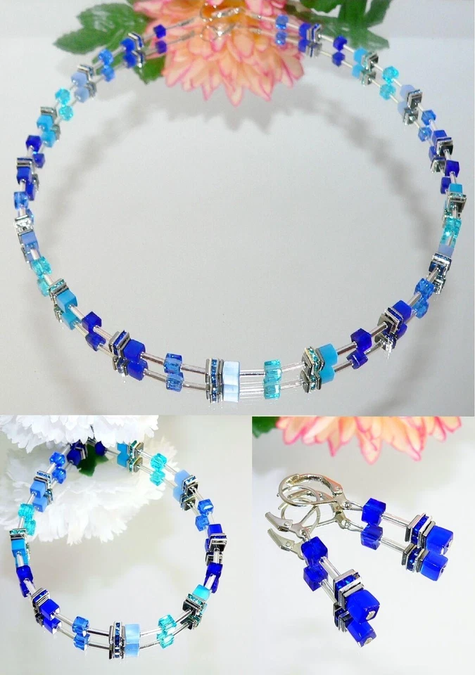 3er Schmuckset Cube Cat Eye Kristall Glas hellblau blau türkis Strass 502. - Bild 1 von 4