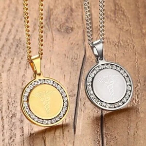 Cubic Zirconia Medical Alert Pendant Men Necklace 24'' Personalized Engrave UK - Picture 1 of 11