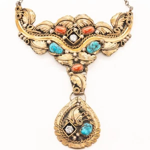 Harry B Yazzie Necklace Turquoise Coral & CZ In Sterling N Gold - Picture 1 of 8