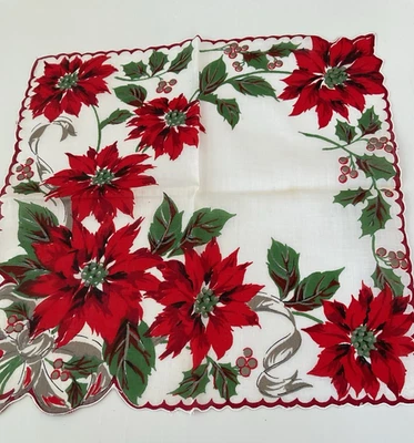 PAÑUELO VINTAGE HANKIE NAVIDAD FLOR DE PASCUA BORDE FESTONEADO ROJO 14" Foto 1 de 4