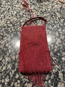 Bamboo Trading Co.- Red Beaded Handbag w/ Beaded Tassels/Metal Chain~New no tags - Picture 1 of 8