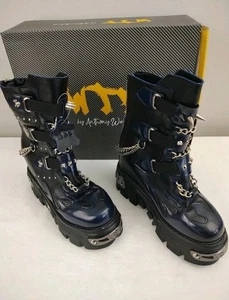 NEW Anthony Wang X WTF Navy Blue Dream Platform Boots Size 6.5 Chain Studded Zip - Picture 1 of 1