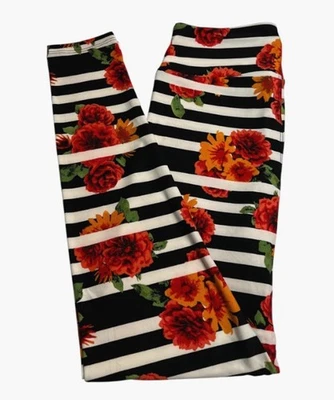 LuLaRoe Leggings OS One Size BLACK RED Orange Stripe Colorful Mum Flower Modern - Image 1 of 4
