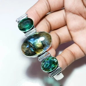 Natural Labradorite & Aqua Green Quartz Bracelet 925 Sterling Silver Jewlry 7.5" - Picture 1 of 5