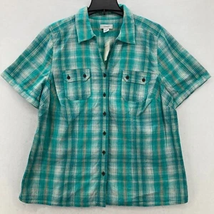CJ Banks Women's 1X Button Up Short Sleeve Shirt Green Plaid Pockets Country - Picture 1 of 14