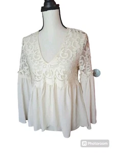 Karen Kane kleines Babydoll Bauernbluse Braut Spitze Mieder creme - Bild 1 von 5