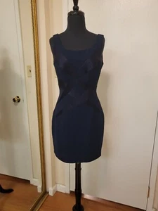 Vintage 90s Andrea Polizzi for Rex Lester Navy Satin Panel Cocktail Mini Dress - Picture 1 of 13