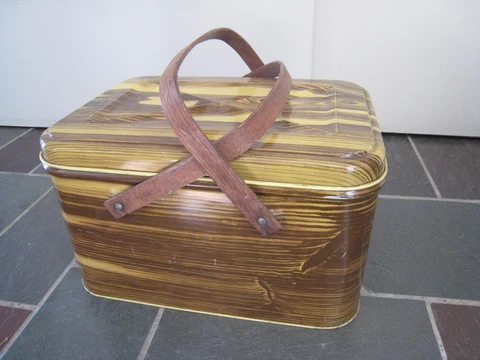 Vintage Metal Picnic Basket - Wooden Handles - Mid Century Cover