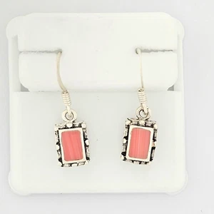 Pendientes colgantes de plata de ley 925 maciza de coral rosa, 9 mm X 7 mm, ajuste elevado - Imagen 1 de 6