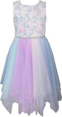 New Bonnie Jean Girls Mint Purple Blue Mesh Hanky Hem Jewel Waist Dress Fancy - Image 1 of 4