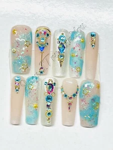 GLORIOUS - CUSTOM LONG SQUARE GEL PRESS ON NAILS ❤️❤️ - Picture 1 of 9