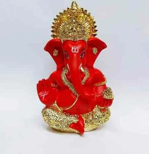 Silver Plated Lord Ganesha Statue - Hand Painted Ganpati Terracotta Figurine Red - Picture 1 of 5