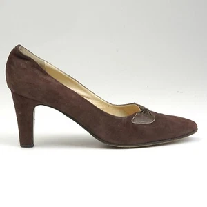 sz 8/9 Vintage 1970s 70s Brown Suede High Heel Pumps Closed Toe Shoes Narrow Bow - Picture 1 of 6