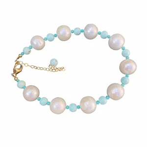 Baroque Kasumi white freshwater pearl natural turquoise bracelet 21+6cm 14KGF - Picture 1 of 12