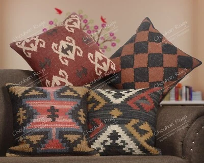 Set of 4 Home Decor Cushion Handwoven Jute Kilim Rugs Pillow Cover Cases - Image 1 of 4