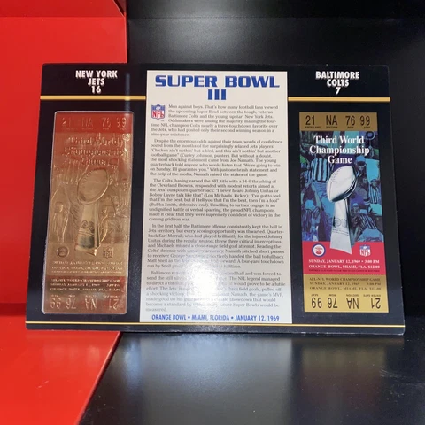 SUPER BOWL 3 ~ JETS vs COLTS Official NFL 22 KT GOLD SB III TICKET Willabee Ward Cover