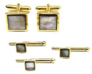 Vintage Swank Cufflinks & Stud Set Mother of Pearl Inlay Gold Men's Formal Wear - Picture 1 of 4