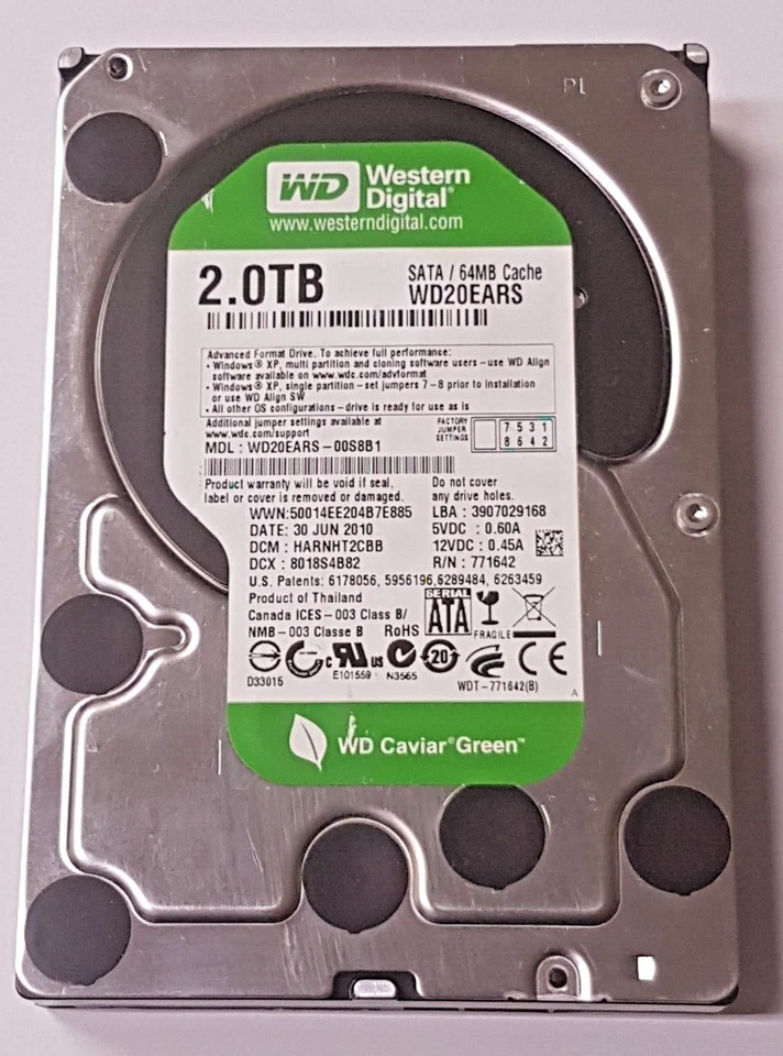 2 TB SATA Western Digital WD20EARS-00S8B1 5400rpm 64MB HDD 3.5 " Hard Drive - Image 1 of 1