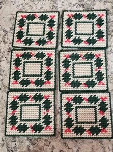 Vintage Handarbeit Nadelspitze Stechpalme Weihnachten Untersetzer 6er Set Kreuzstich - Bild 1 von 4