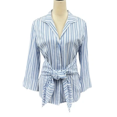 Lafayette 148 New York 14 White Blue Stripe Silk Blend Button Front Wrap Tie Top - Image 1 of 4
