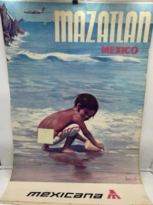 Mexicana Airlines Mazatlan 1968 Travel Poster AMENDOLLA Art 24x36 VTG Cropped - Image 1 of 4