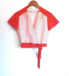 GAY GIBSON Vintage 1960s Polka Dot Swiss Dot Wrap Tie V-Neck Crop Top Blouse S - Picture 1 of 10