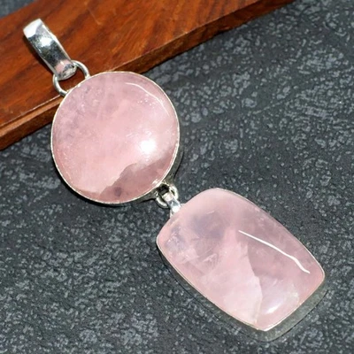 Colgante largo de cuarzo rosa enchapado en plata 925 de 1,6" diseño único GW Foto 1 de 3