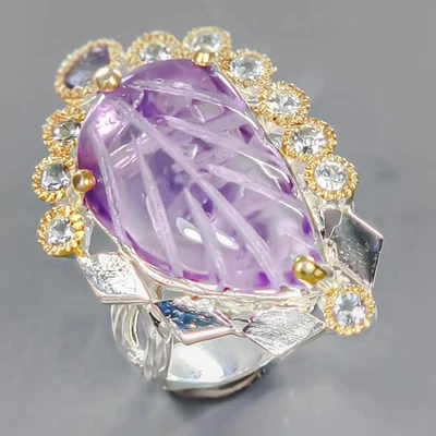 Anillo de amatista natural hecho a mano de 20 quilates + plata de ley 925 talla 8/R440561 Foto 1 de 4