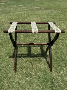 VTG Scheibe Folding Wood Luggage Rack Stand Embroidered Floral Tapestry Straps - Picture 1 of 8